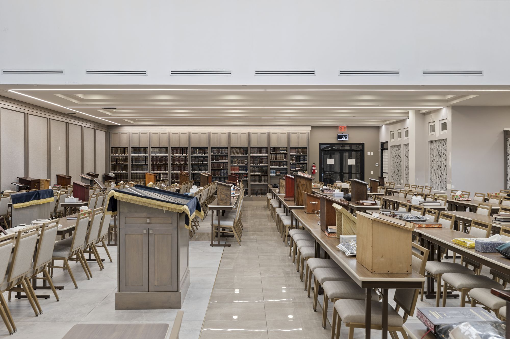 Main hall from the side, showing shelving along the wall